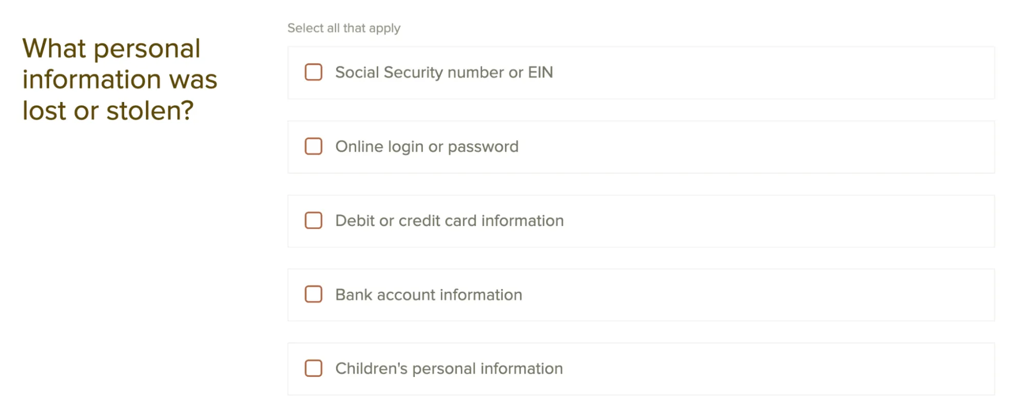 A screenshot of the FTC’s online identity theft affidavit system asking you to select what information was lost or stolen, including SSN, passwords, and bank information.